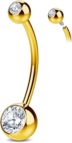 Internally Threaded Belly Button Ring G23 Titanium with Grade AAAAA Cubic Zirconia - 14g Implant Grade Titanium Belly Ring Piercing Jewelry Internal Thread - Bellybutton Rings Navel Jewelry For Women - color: Gold - 16mm