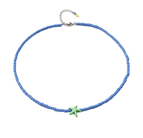 Seed Bead Choker Necklace for Women Bohemian Tiny Beads Choker Colorful Rice Bead Starfish Choker Summer Surfer Beach Necklace Jewelry Gift - color: Blue