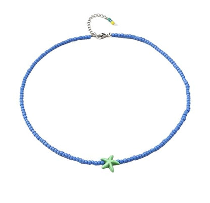Seed Bead Choker Necklace for Women Bohemian Tiny Beads Choker Colorful Rice Bead Starfish Choker Summer Surfer Beach Necklace Jewelry Gift - color: Blue