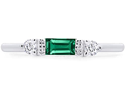 3 Stone Stackable Ring for Women with Birthstone And White Cubic Zircionia | Dainty Minimalist Ring In 14K Gold Over Sterling Silver - color: White Gold : Simulated Emerald