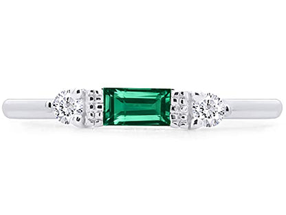 3 Stone Stackable Ring for Women with Birthstone And White Cubic Zircionia | Dainty Minimalist Ring In 14K Gold Over Sterling Silver - color: White Gold : Simulated Emerald