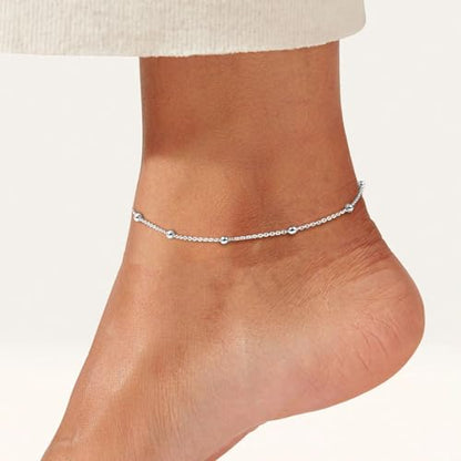 ChicSilver 925 Sterling Silver Ankle Bracelet for Women, Simple Cuban Link/Figaro/Twist Rope Chain Anklets for Beach Party(with Gift Box) - style: 04: Bead Chain-Silver