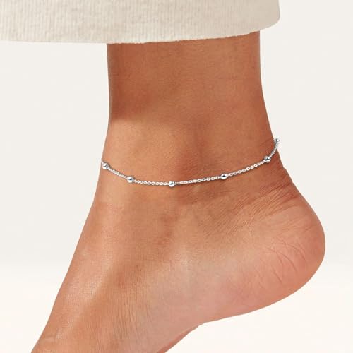 ChicSilver 925 Sterling Silver Ankle Bracelet for Women, Simple Cuban Link/Figaro/Twist Rope Chain Anklets for Beach Party(with Gift Box) - style: 04: Bead Chain-Silver