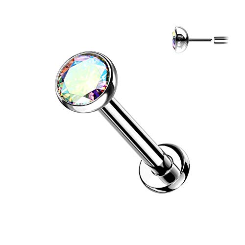 Pierced Owl - 18G Petite 8mm Barbell Implant Grade Titanium Threadless Push-in 2.5mm Crystal Flat Back Lip Cartilage Tragus Stud - style: Aurora Borealis