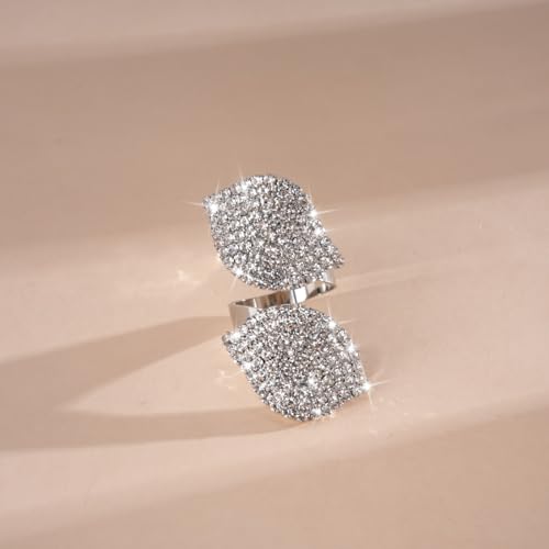 Rhinestone Finger Ring for Women Sparkly Crystal Butterfly Flower Leaf Adjustable Statement Chain Rings Punk Jewelry - color: Leaf S