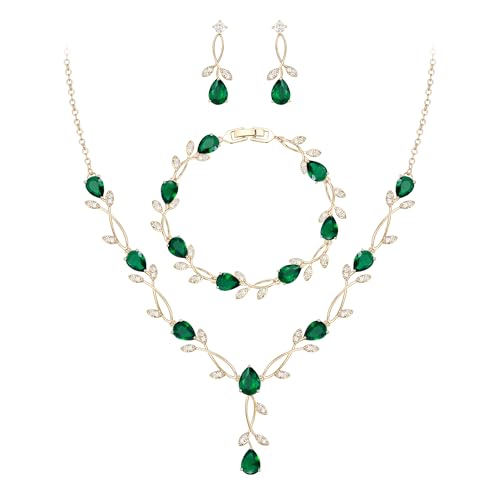 EVER FAITH Cubic Zirconia Pearl Leaf Bridal Jewelry Set for Bride Women | White Wedding Prom Necklace Dangle Earrings Bracelet, for Bridesmaid - color: CZ_Green Gold-Plated-Brass