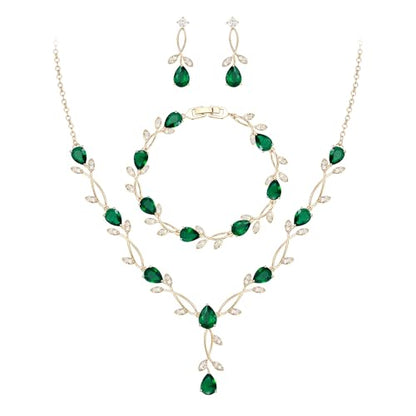 EVER FAITH Cubic Zirconia Pearl Leaf Bridal Jewelry Set for Bride Women | White Wedding Prom Necklace Dangle Earrings Bracelet, for Bridesmaid - color: CZ_Green Gold-Plated-Brass