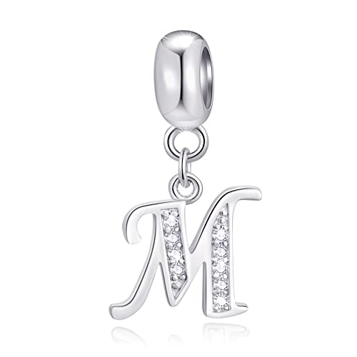26 Letter Pendant Charms, Polished 925 Sterling Silver Complete Initial A-Z Dangling CZ Stone Alphabet Beads, fits European Bracelet Necklace, Gift for Mother/Father/Daughter/Son/Sister/Aunt - color: Letter M CZ Pendant Charm