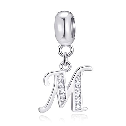 26 Letter Pendant Charms, Polished 925 Sterling Silver Complete Initial A-Z Dangling CZ Stone Alphabet Beads, fits European Bracelet Necklace, Gift for Mother/Father/Daughter/Son/Sister/Aunt - color: Letter M CZ Pendant Charm
