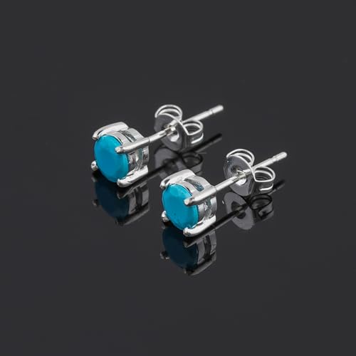 Natural 5mm Blue Turquoise Gemstone Crystal Studs Earring Pair for Women, Push Backs, Birthstone, Facet Round Stone, Gift Jewelry, Silver Plated Wholesale Bulk Jewelry