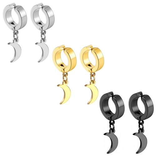 Black Hinged Earrings Hoop-Clip On Moon Dangle Hoops-Stainless Steel Punk Earrings Jewelry for Women Men - color: 3 Pairs