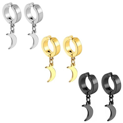 Black Hinged Earrings Hoop-Clip On Moon Dangle Hoops-Stainless Steel Punk Earrings Jewelry for Women Men - color: 3 Pairs