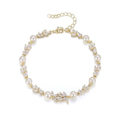 EVER FAITH Gorgeous Cubic Zirconia Pearl Wedding Link Bracelet for Bride | Marquise Teardrop Crystal Bridal Prom Jewelry, for Women Bridesmaids - style: Leaf_Clear Gold-Tone