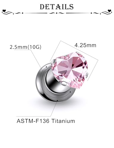 Astm F136 Titanium Heart CZ Ear Gauges Screw Fit Flesh Tunnels Plugs Gauges Earring Expander Stretcher Ear Tunnels For Ears 10G 8G 6G 4G 2G 0G 00G Plug Earrings Piercing Jewelry For Women Men - color: 10G Gauges,Pink CZ