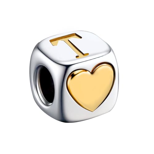 KunBead Initial A-Z Letter Gold Heart Alphabet Love Bead Birthday Charms Compatible with Pandora Charm Bracelet for Women - style: Letter T