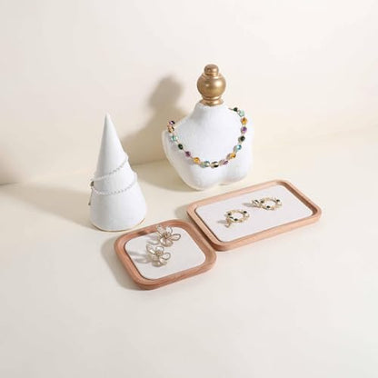 velvet Jewelry organizer tray, Beech wood Jewelry Display Plate, Beige Jewelry Viewing Tray, Jewelry showcase tray for Necklace Bracelet Ring Earring stand holder (Cream-Small, 5.1x 5.1 in) - size: Small