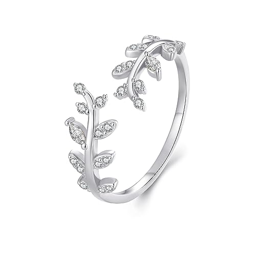MUNDELL 925 Sterling Silver Simple Multi-layer Leaf Adjustable Ring Green Lucky Leaves Statement Ring for Women Promise Ring Fine Jewelry - color: Silver Leaf