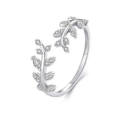 MUNDELL 925 Sterling Silver Simple Multi-layer Leaf Adjustable Ring Green Lucky Leaves Statement Ring for Women Promise Ring Fine Jewelry - color: Silver Leaf