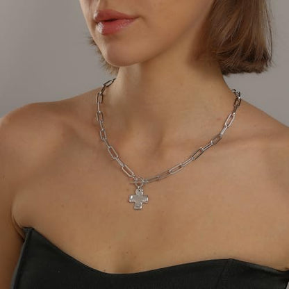 Chunky Cross Necklace for Women Trendy 14K Gold Silver Plated Statement Big Cross Pendant Paperclip Chain Charm Necklaces Religious Faith Easter Basket Stuffers Baptism Costume Jewelry Gift - color: White Gold-Toggle-0.8 inch pendant