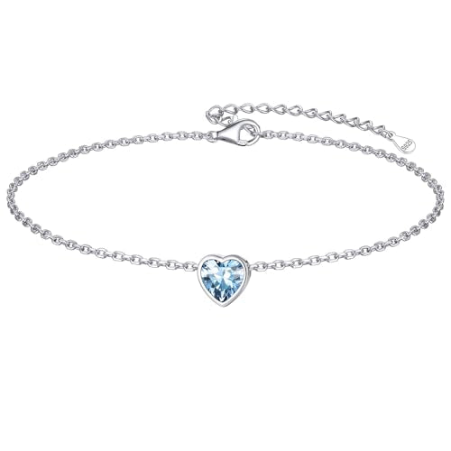 ChicSilver 925 Sterling Silver Anklets for Women, Simple Dainty Round/Heart Birthstone Ankle Bracelet Beach Foot Jewelry, 8.7-10.7 Inch Adjustable - color: 03. Heart - March(Aquamarine)
