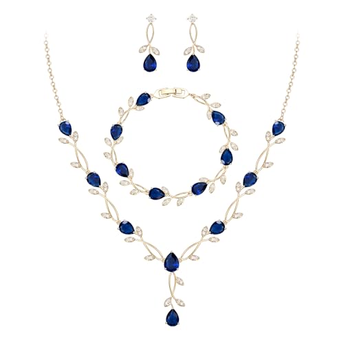 EVER FAITH Cubic Zirconia Pearl Leaf Bridal Jewelry Set for Bride Women | White Wedding Prom Necklace Dangle Earrings Bracelet, for Bridesmaid - color: CZ_Blue Gold-Plated-Brass