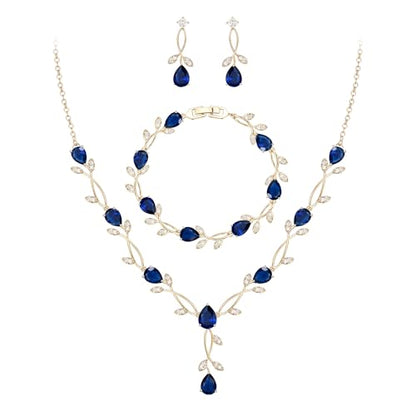 EVER FAITH Cubic Zirconia Pearl Leaf Bridal Jewelry Set for Bride Women | White Wedding Prom Necklace Dangle Earrings Bracelet, for Bridesmaid - color: CZ_Blue Gold-Plated-Brass