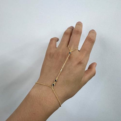 Kakikaki 925 Sterling Silver Finger Ring Bracelet Hand Chain for Women | Slave Bracelets 7" to 9" Adjustable - color: Gold, style: 3 Black