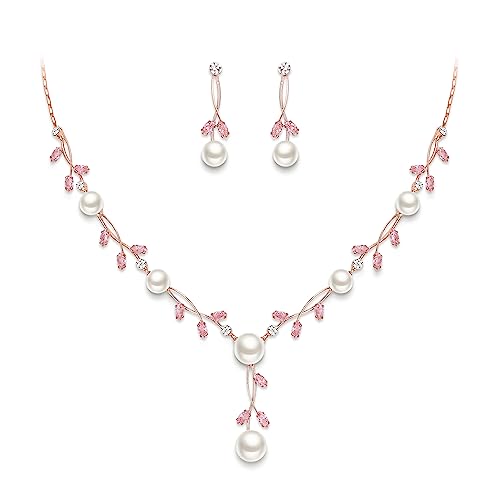 EVER FAITH Cubic Zirconia Pearl Leaf Vine Wedding Jewelry Set for Bride | Crystal Filigree Bridal Necklace Earrings, for Women Bridesmaid - color: 2pcs_Light Pink Rose Gold-Plated-Brass