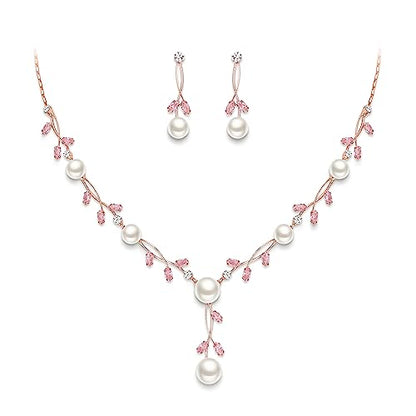 EVER FAITH Cubic Zirconia Pearl Leaf Vine Wedding Jewelry Set for Bride | Crystal Filigree Bridal Necklace Earrings, for Women Bridesmaid - color: 2pcs_Light Pink Rose Gold-Plated-Brass