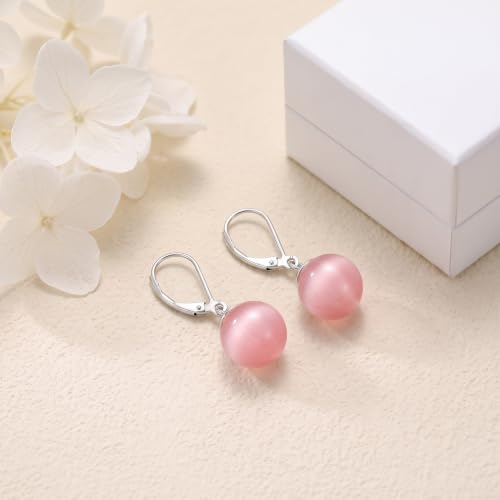 Pearl Leverback Earrings for Women Dangle Round Gemstone Earrings Birthstone Jewelry Gift Anniversary for Her - color: 21 Pink cat-eye