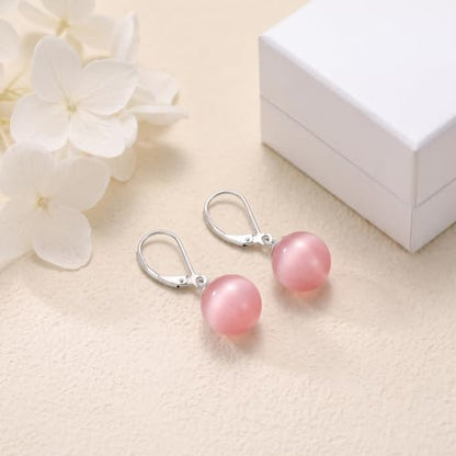 Pearl Leverback Earrings for Women Dangle Round Gemstone Earrings Birthstone Jewelry Gift Anniversary for Her - color: 21 Pink cat-eye