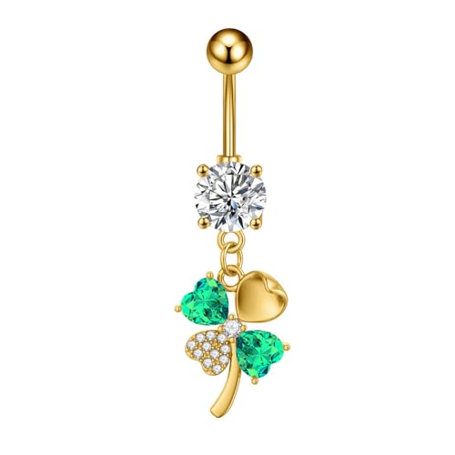 CZ Four Leaf Clove Belly Button Rings for Women Stainless Steel Green Crystal Belly Dangle Navel Piercing Barbell Studs Rings ST Patricks Day Irish Piercing Jewelry - color: Gold