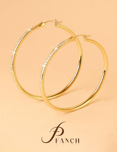 925 Sterling Silver Hoop Earrings for Women Sparkly Cubic Zirconia Large Hoops 18K White Gold Plated Hypoallergenic Lightweight Rhinestone Big Hoop Earrings 40/50MM Silver/Gold - color: 50mm-Gold