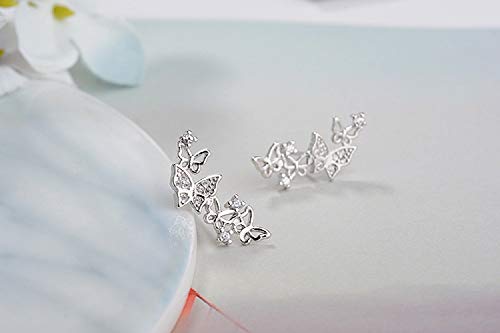 Hollow Butterfly CZ Cuff Wrap Studs Earrings for Women Pierced Ear Sterling Silver Plated Fashion Cubic Zirconia Crawler Climber Hypoallergenic