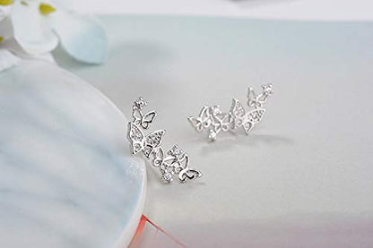 Hollow Butterfly CZ Cuff Wrap Studs Earrings for Women Pierced Ear Sterling Silver Plated Fashion Cubic Zirconia Crawler Climber Hypoallergenic