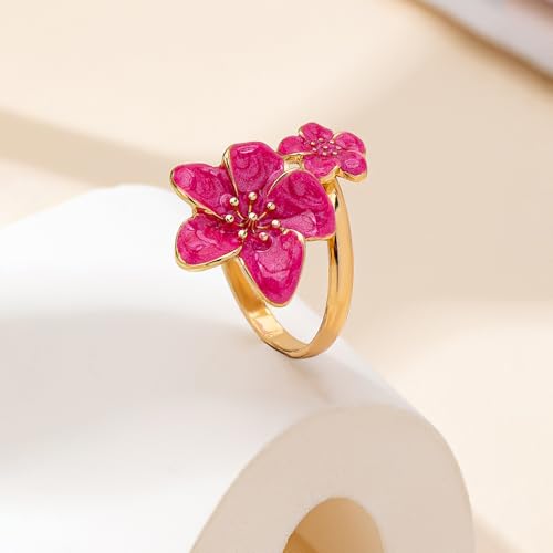 NewZenro Elegant Flower Enamel Adjustable Open Ring for Women Gold-Tone Plated Chic Cherry Blossoms Floral Statement Finger Wrap Band Rings Comfort Fit Wedding Party Prom Fashion Jewelry - color: Hot Pink