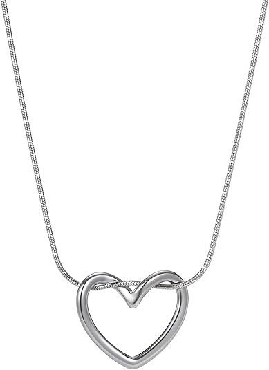 Stainless Steel Snake Chain Heart Necklace for Women, Open Heart Pendant Necklace, Dainty Hypoallergenic Non Tarnish Jewelry, Gold Silver Tone Gift Jewelry - color: Silver
