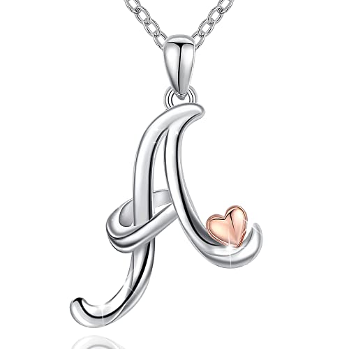 CELESTIA 925 Sterling Silver Initial Necklaces 26 Letter with Rose Gold Heart - 18 Inch Chain - color: A-Initial