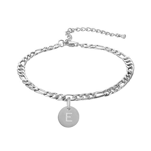FOSIR 18k Gold Plated/Silver Tone Initial Anklets for Women, Surgical Stainless Steel Ankle Bracelets for Women Figaro Chain Anklet Beach Jewelry, Waterproof - style: E-silver