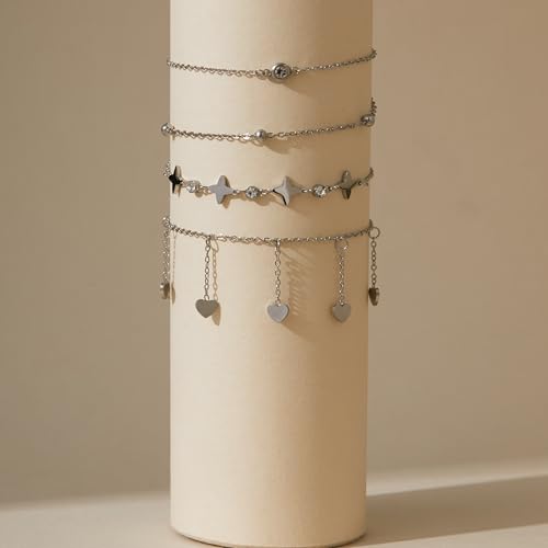 LOFITOR Anklets for Women Ankle Bracelet Charm Link Chain Set Foot | Waterproof Dainty Cz Evil Eye Beaded Anklets Adjustable Beach Foot Jewelry Feet Chains, Summer Beach Foot Jewelry Gifts - style: Heart Silver