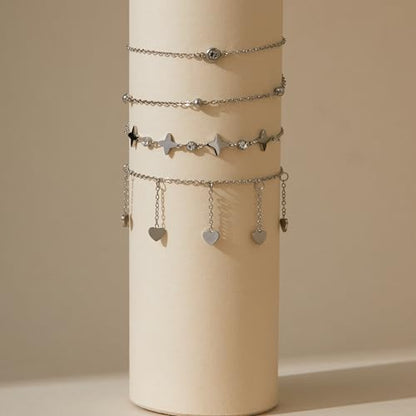 LOFITOR Anklets for Women Ankle Bracelet Charm Link Chain Set Foot | Waterproof Dainty Cz Evil Eye Beaded Anklets Adjustable Beach Foot Jewelry Feet Chains, Summer Beach Foot Jewelry Gifts - style: Heart Silver