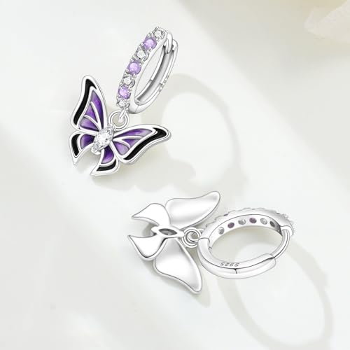 925 Sterling Silver Hoop Earrings Drop Dangle Earrings for Women Hypoallergenic Earring Trendy Huggie Earring Cute Graduation Birthday Gifts Jewelry for Women - color: Purple butterfly earrings
