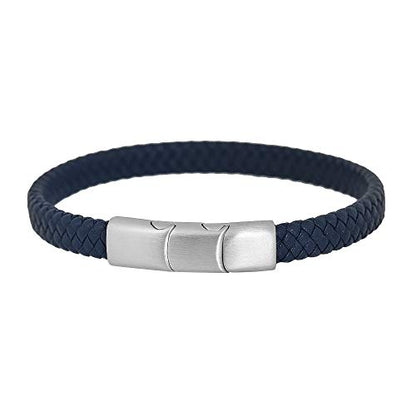 Geoffrey Beene Men's Braided Genuine Leather Bracelet with Stainless Steel Closure - color: Blue, Silver