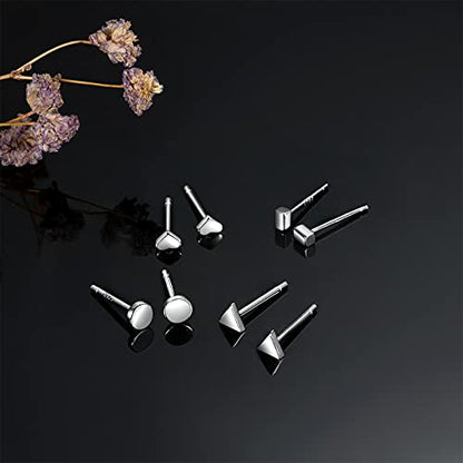 EPIRORA Sterling Silver Stud Earrings for Women Men- 4 Pairs of Hypoallergenic Simple Geometric Small Stud Earring Set Tiny Circle Triangle Square Bar Stud Earrings Mini Cartilage Tragus Earrings - style: Style 3- Silver