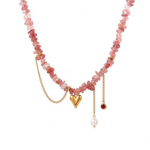 Pink Natural Stone Heart Pendant Necklace for Women, 18K Gold Stainless Steel Beaded Choker Necklace, Romantic Layered Jewelry