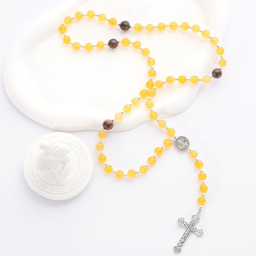 Rosary for Men Women, Natural Stone Beads with St. Benedict Bracelet | 8 mm Natural Stone Prayer Beads with 10 mm Accent Beads, St. Benedict Crucifix, Matching Bracelet, Gift Box and Pouch. - color: Yellow