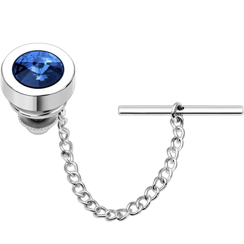 HAWSON Mens Tie Tack with Chain Round Crystal Wedding Business Accessories - color: Silver + Montana