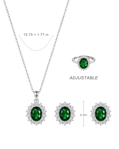 Silver Emerald Jewelry Set Green Cubic Zirconia May Birthstone Stud Earrings Necklace and Open Ring Set for Women Trendy