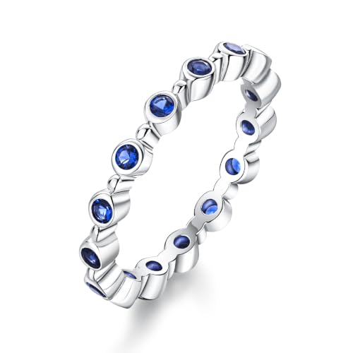 2.2mm Thin Stackable Full Eternity Rings for Women 14K Gold Plated | Cubic Zirconia/Emearld/Ruby/Sapphire Wedding Promise Band Ring for Her Valentines Anniversary Size 6-10 - color: B-Sapphire