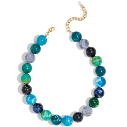 Chunky Beaded Choker Necklace for Women Boho Statement Necklace with Large Pearl Blue Brown Tone Resin Beads Summer Beach Jewelry Gifts - color: Blue-A